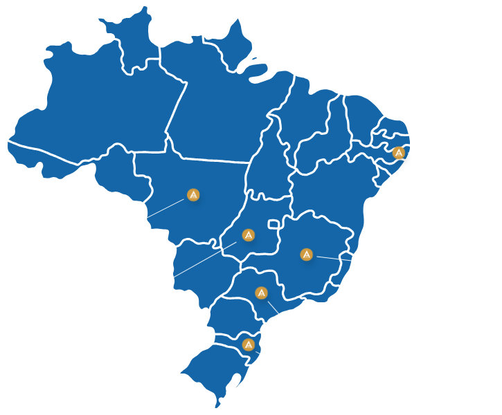 Mapa do Brasil com fábricas da Alpha em diferentes estados